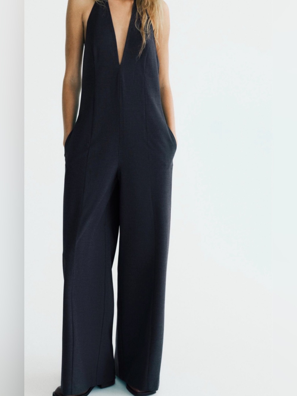 Zara Deep V Halter dark grey pinstripe Jumpsuit